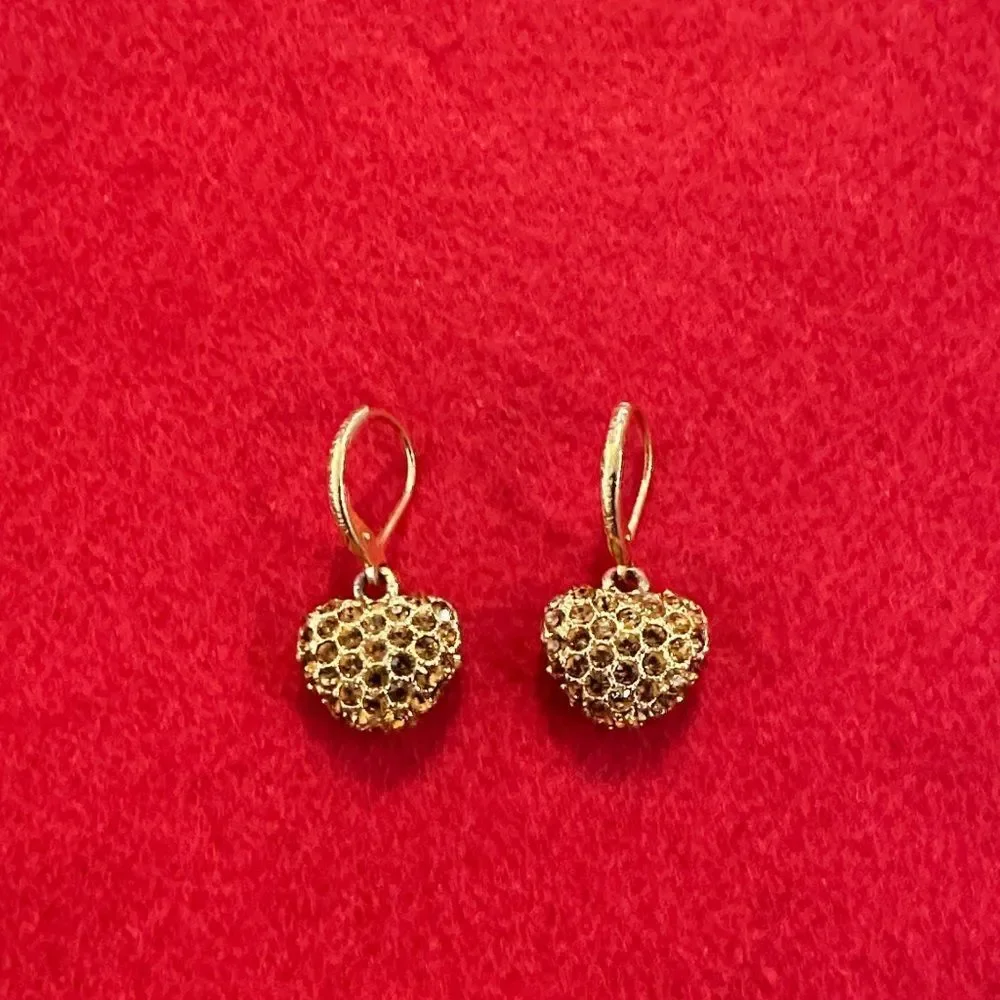 Joan Rivers Vintage Stamped Gold Amber Crystal Heart Drop Earrings